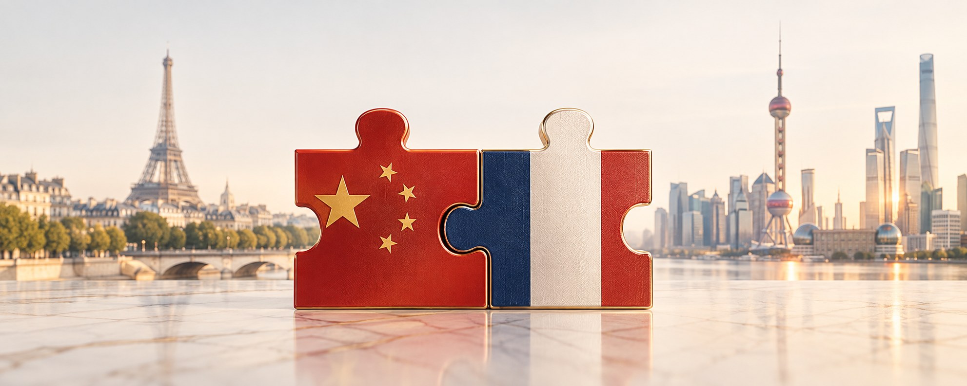 法国与中国国旗色彩的拼图，背景为巴黎与上海